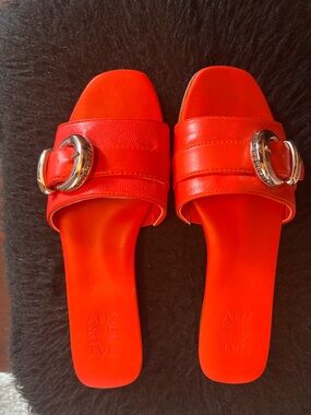 Orange Slide Sandals with bling encrusted buckle